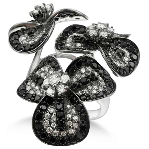 Stylish Three Flower Black & White Diamond Ring 14k White Gold (3.20ct)