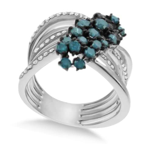 White & Blue Diamond Swirl Wave Fashion Ring 14k White Gold (1.45ct)