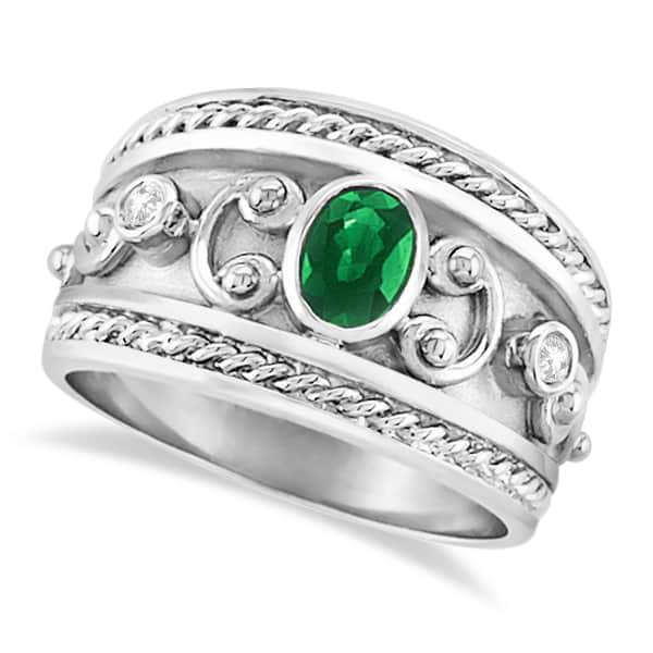 Oval Shaped Emerald & Diamond Byzantine Ring 14k White Gold (0.73ct)
