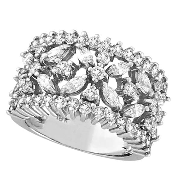 Marquise & Round Diamond Flower Ring in 18K White Gold (2.34 ctw)
