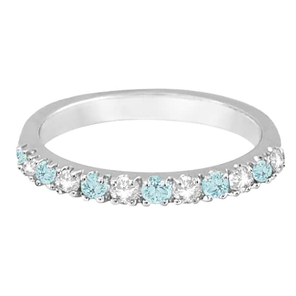 Diamond & Aquamarine Ring Guard Anniversary Band 14k White Gold (0.32ct)