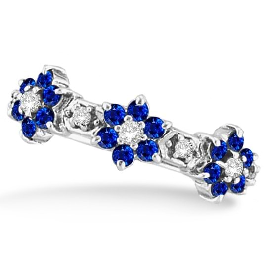 Blue Sapphire & Diamond Flower Stackable Ring 14k White Gold (0.90ct)