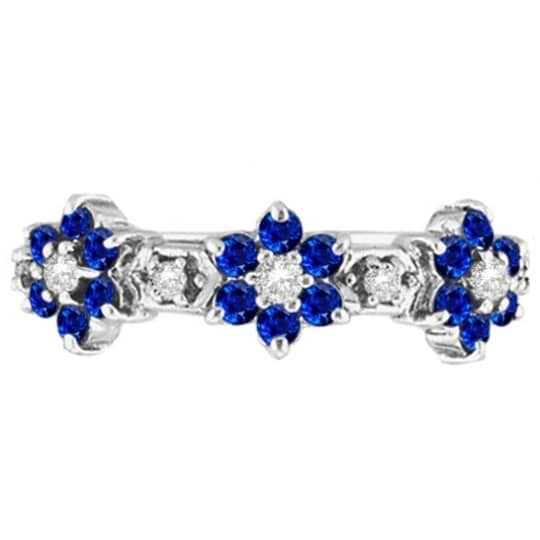 Blue Sapphire & Diamond Flower Stackable Ring 14k White Gold (0.90ct)