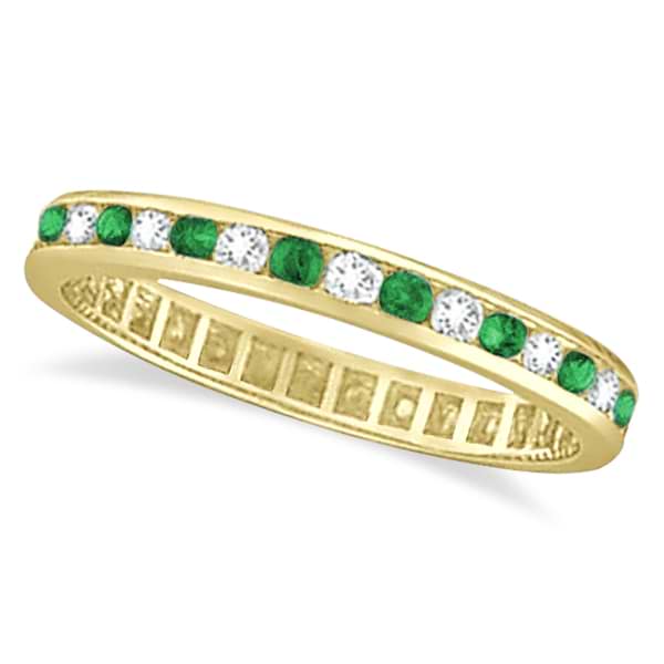 Emerald & Diamond Channel Set Eternity Ring Band 14k Yellow G. (1.04ct)