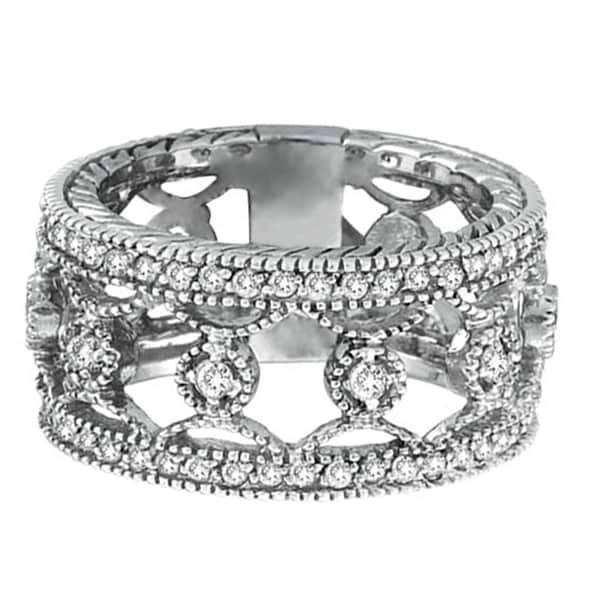 Antique Style Floral Diamond Eternity Ring Wide Band 14k White Gold (0.75ct)