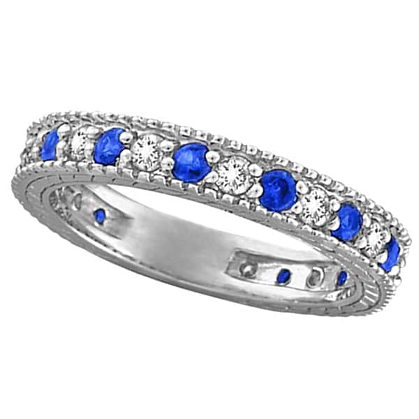 Diamond & Blue Sapphire Anniversary Ring Band in 14k White Gold (1.08 ctw)