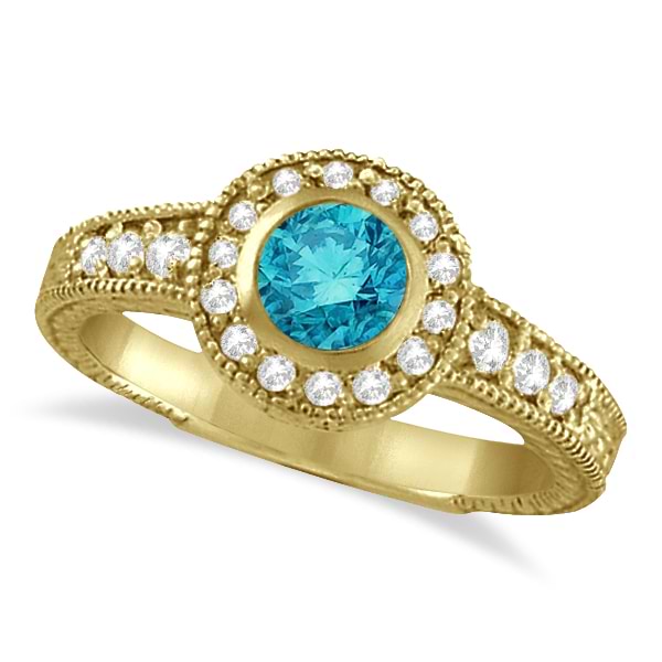 Fancy Blue & White Diamond Antique Style Ring 14k Yellow Gold (0.80ct)