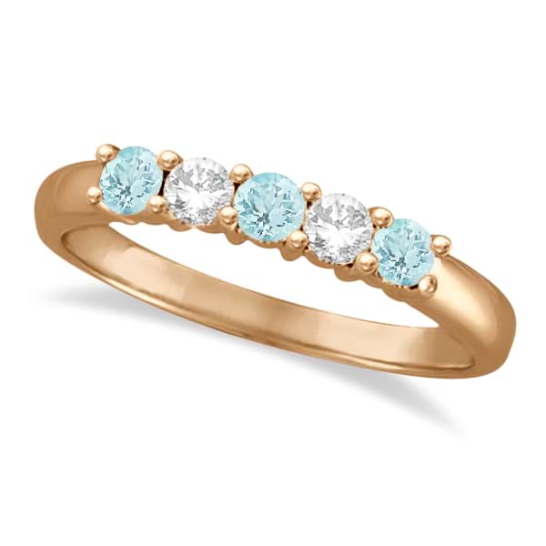 Five Stone Diamond and Aquamarine Ring 14k Rose Gold (0.67ctw)