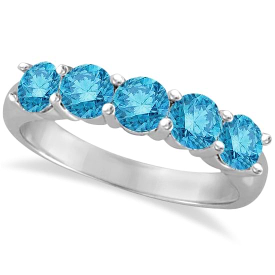 Five Stone Blue Diamond Ring 14k Anniversary Band White Gold (1.50ct)