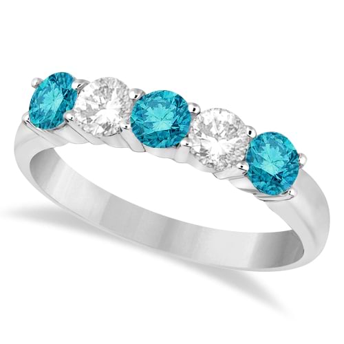 Five Stone White and Blue Diamond Ring 14k White Gold (1.00ctw)