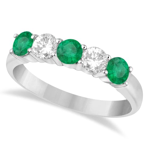 Five Stone Diamond and Emerald Ring 14k White Gold (1.08ctw)