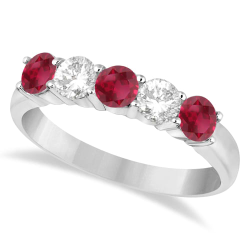 Five Stone Diamond and Ruby Ring 14k White Gold (1.08ctw)