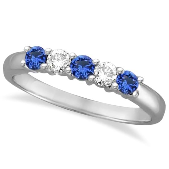 Five Stone Blue Sapphire & Diamond Ring 14k White Gold (0.50ctw)