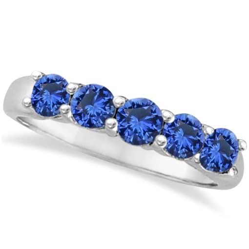 Five Stone Blue Sapphire Ring Band 14k White Gold (1.45ct)