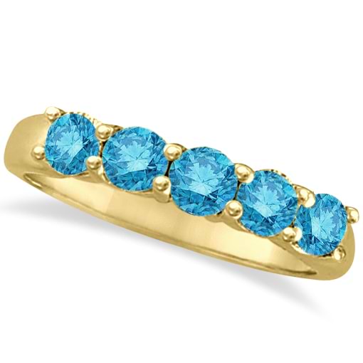 Five Stone Blue Diamond Ring 14k Anniversary Band Yellow Gold (1.00ct)