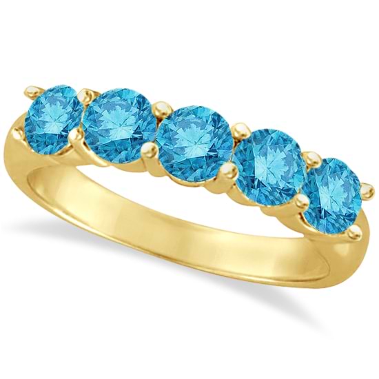 Five Stone Blue Diamond Ring 14k Anniversary Band Yellow Gold (1.50ct)