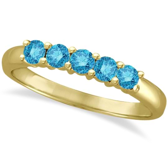 Five Stone Blue Diamond Ring 14k Anniversary Band Yellow Gold (0.50ct)