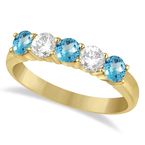 Five Stone Diamond and Blue Topaz Ring 14k Yellow Gold (1.36ctw)