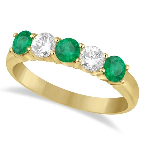 Five Stone Diamond and Emerald Ring 14k Yellow Gold (1.08ctw)