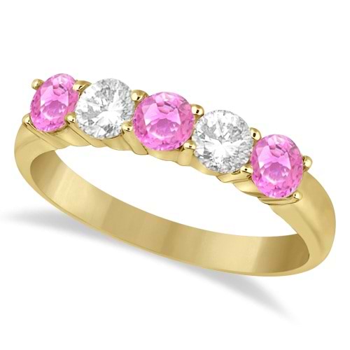 Five Stone Diamond and Pink Sapphire Ring 14k Yellow Gold (1.08ctw)