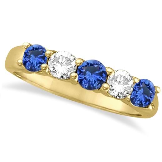 Five Stone Blue Sapphire & Diamond Ring 14k Yellow Gold (1.00ctw)