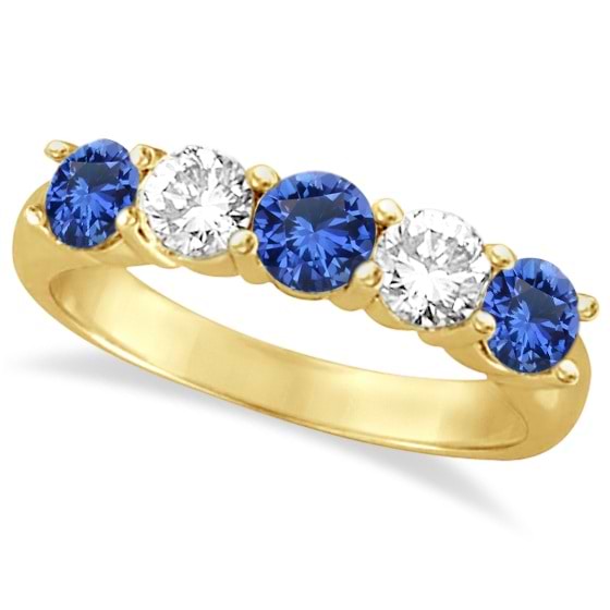Five Stone Blue Sapphire & Diamond Ring 14k Yellow Gold (1.50ctw)
