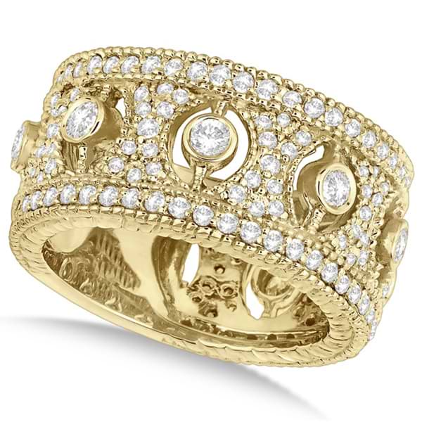 Vintage Bezel-Set Wide Band Diamond Ring 14k Yellow Gold 1.70ct - IR563