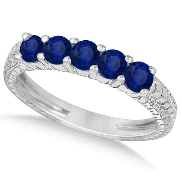 Five-Stone Vintage Blue Sapphire Ring Band 14k White Gold (0.75ct)