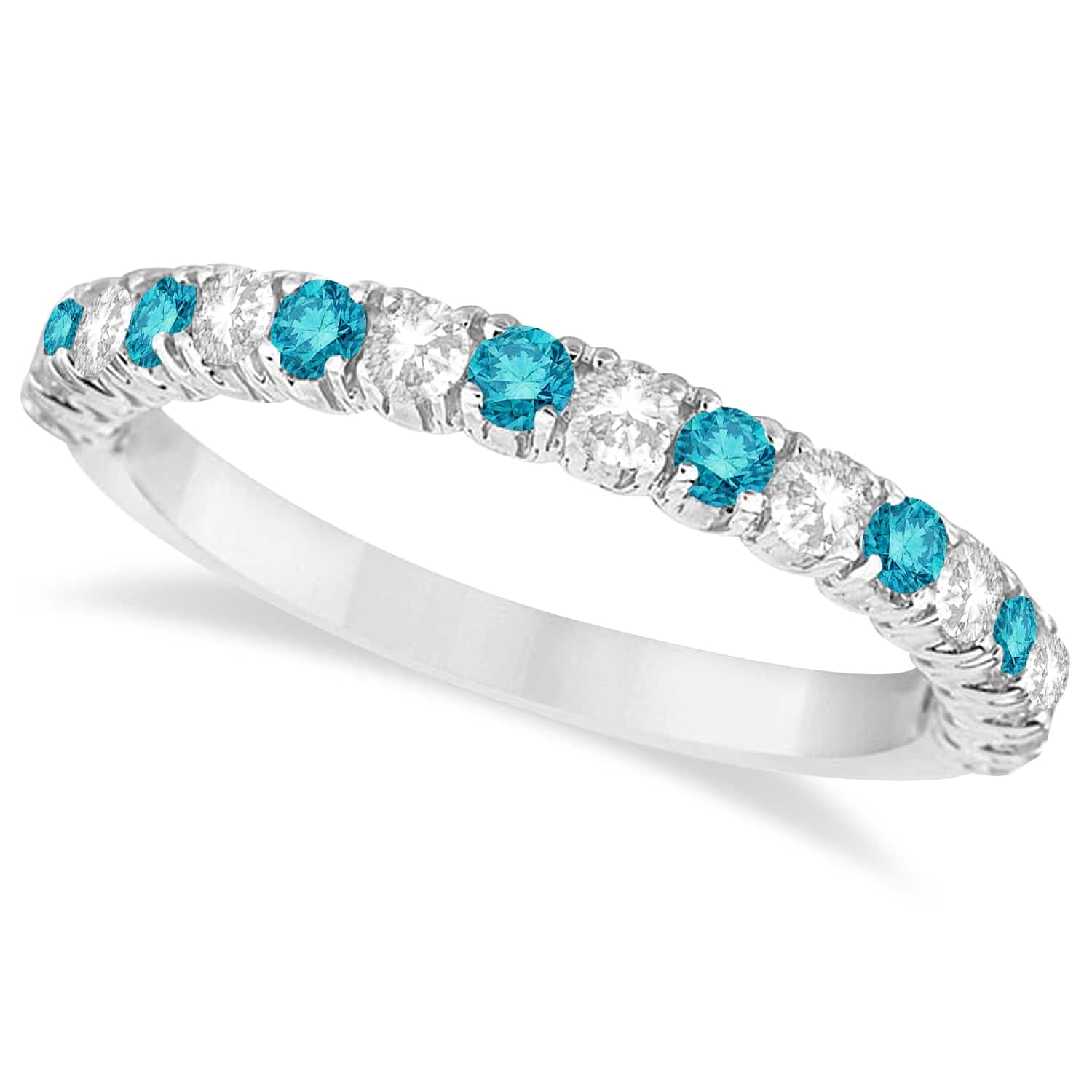 Blue & White Diamond Wedding Band Anniversary Ring in 14k White Gold (0.75ct)