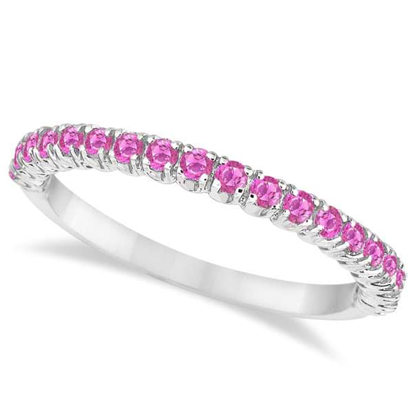 Half-Eternity Pave Thin Pink Sapphire Stack Ring 14k White Gold (0.65ct)