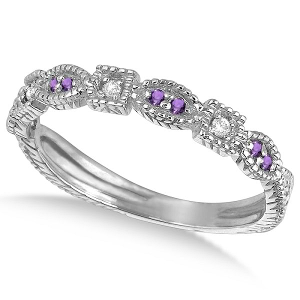 Vintage Stackable Diamond & Amethyst Ring 14k White Gold (0.15ct)