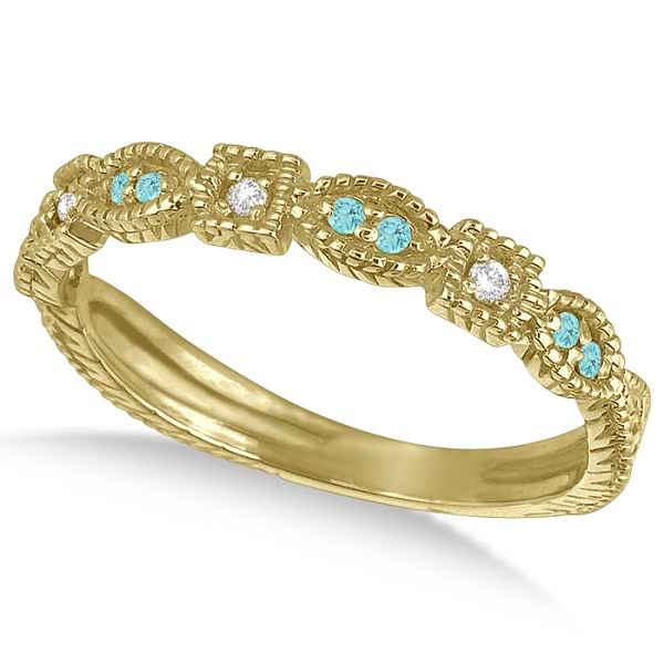 Vintage Stackable Diamond & Aquamarine Ring 14k Yellow Gold (0.15ct)