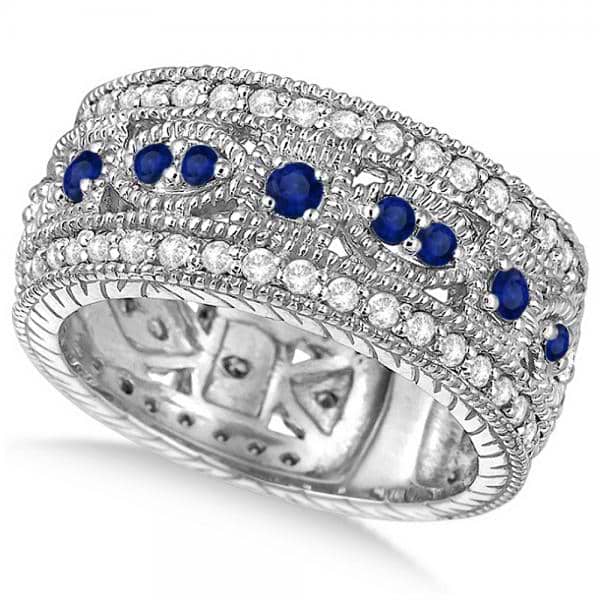 Vintage Byzantine Diamond & Blue Sapphire Ring 14k White Gold (1.37ct)