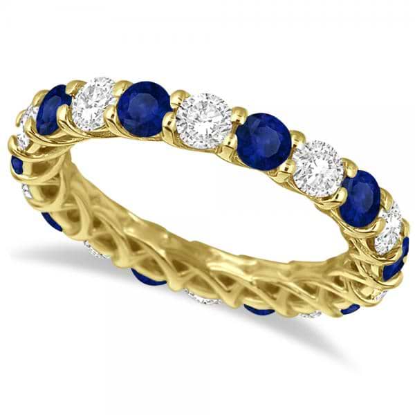 Luxury Diamond & Blue Sapphire Eternity Ring Band 14k Yellow Gold 4.20ct