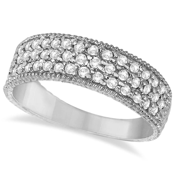 Three-Row Filigree Diamond Statement Ring Band 14k White Gold (0.65ct)