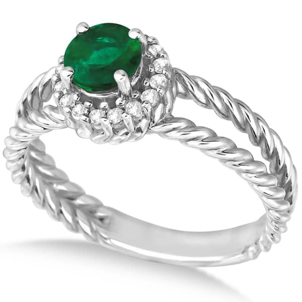 Round Cut Emerald & Diamond Split Shank Ring 14k White Gold (0.65ct)