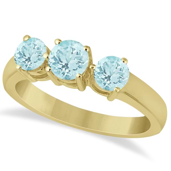 Three Stone Round Aquamarine Gemstone Ring in 14k Yellow Gold 1.50ct