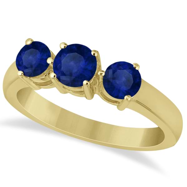 Three Stone Round Blue Sapphire Gemstone Ring 14k Yellow Gold 1.50ct