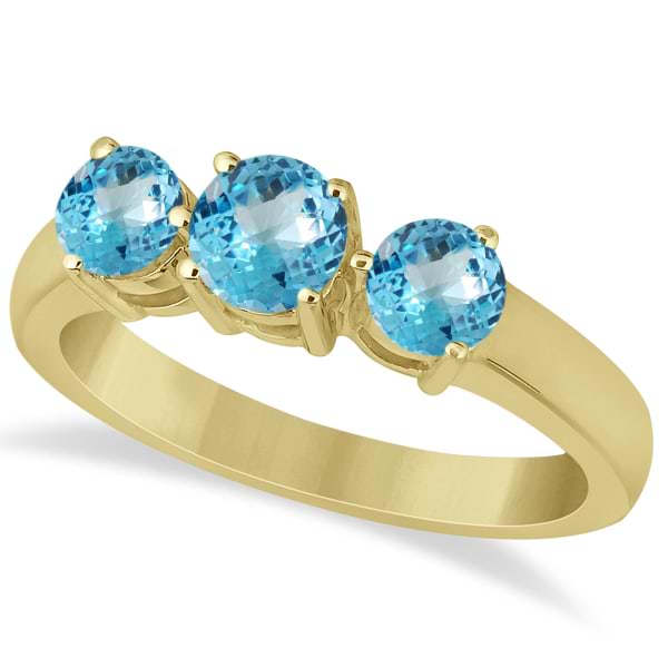Three Stone Round Blue Topaz Gemstone Ring 14k Yellow Gold 1.50ct