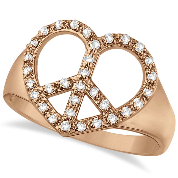 Peace Sign Diamond Heart Right Hand Ring 14k Rose Gold (0.25ct)