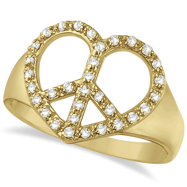 Peace Sign Diamond Heart Right Hand Ring 14k Yellow Gold (0.25ct)