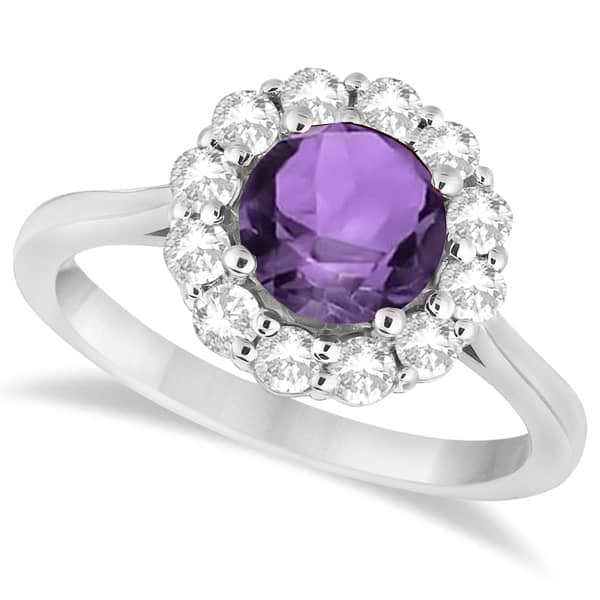 Halo Diamond Accented and Amethyst Lady Di Ring 14K White Gold (2.14ct)