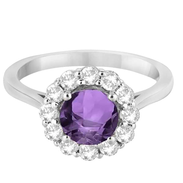 Halo Diamond Accented and Amethyst Lady Di Ring 18k White Gold (2.14ct)