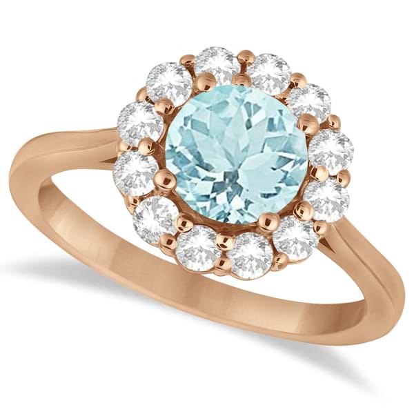 Halo Diamond Accented and Aquamarine Lady Di Ring 14K Rose Gold (2.14ct)