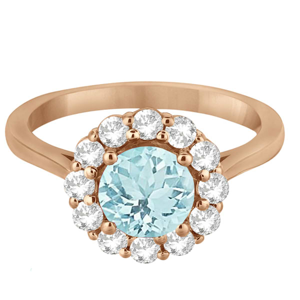 Halo Diamond Accented and Aquamarine Lady Di Ring 14K Rose Gold (2.14ct)