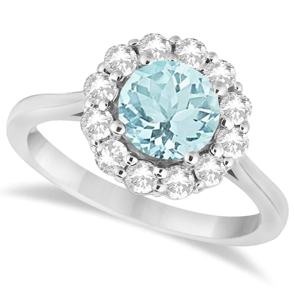 Halo Diamond Accented and Aquamarine Lady Di Ring 14K White Gold (2.14ct)