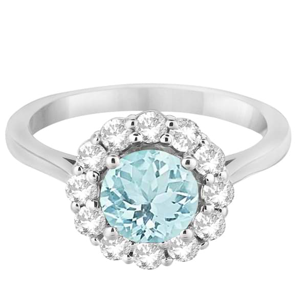 Halo Diamond Accented and Aquamarine Lady Di Ring 14K White Gold (2.14ct)
