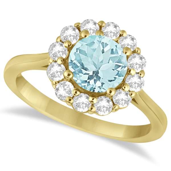 Halo Diamond Accented and Aquamarine Lady Di Ring 14K Yellow Gold (2.14ct)