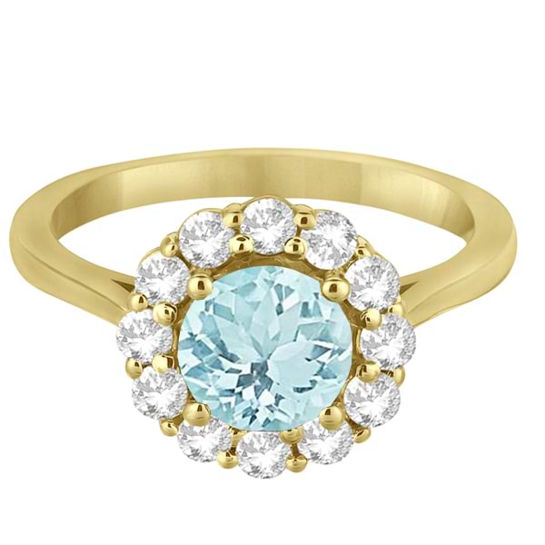 Halo Diamond Accented and Aquamarine Lady Di Ring 14K Yellow Gold (2.14ct)