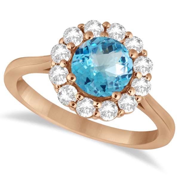 Halo Diamond Accented and Blue Topaz Lady Di Ring 14K Rose Gold (2.14ct)